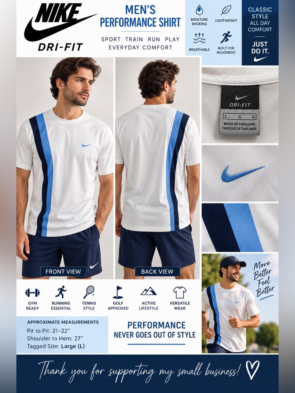 Nike Dri-FIT Men’s Large White Blue Colorblock Performance Athletic Shirt